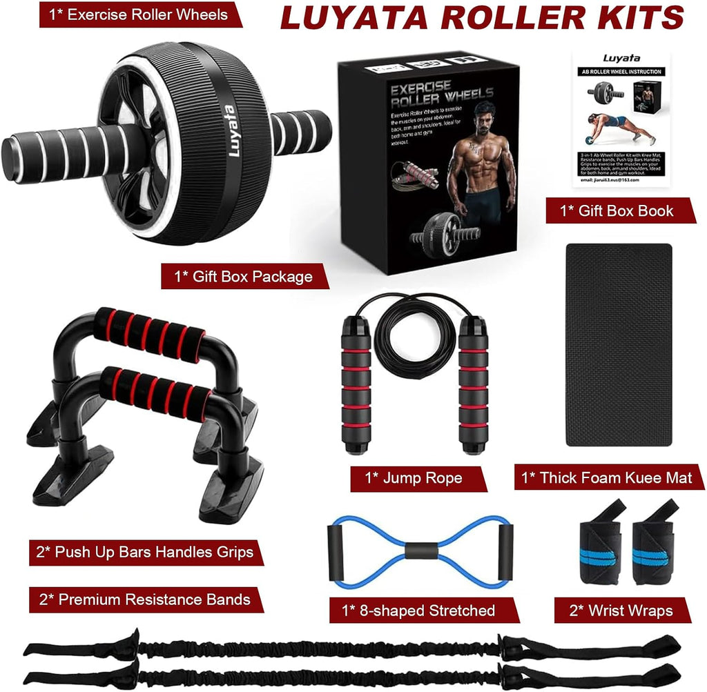 Ab Roller Wheel, 10-In-1 Ab Exercise Wheels Kit with Resistance Bands, Knee Mat, Jump Rope, Push-Up Bar - Home Gym Equipment for Men Women Core Strength & Abdominal Exercise