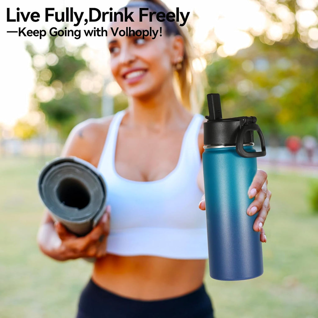 Volhoply 16 OZ Kids Water Bottle Bulk 8 Pack,Insulated Sports Bottles with Straw Lid,Stainless Steel Bottle with Handle Keep Cold & Hot,Double Wall Vacuum Tumbler Cups for School(Dark Night, 8)