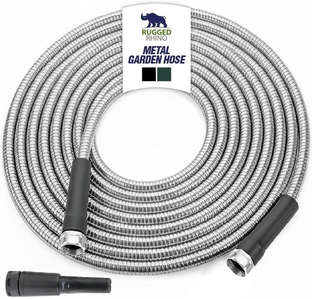 RUGGED RHINO Metal Garden Hose with Spray Nozzle, 50FT, 304 Stainless Steel, 750 PSI Burst Strength, Heavy Duty Flexible Water Hose, Kink Resistant, Leakproof for Yard, Lawn and Outdoor Use, Silver
