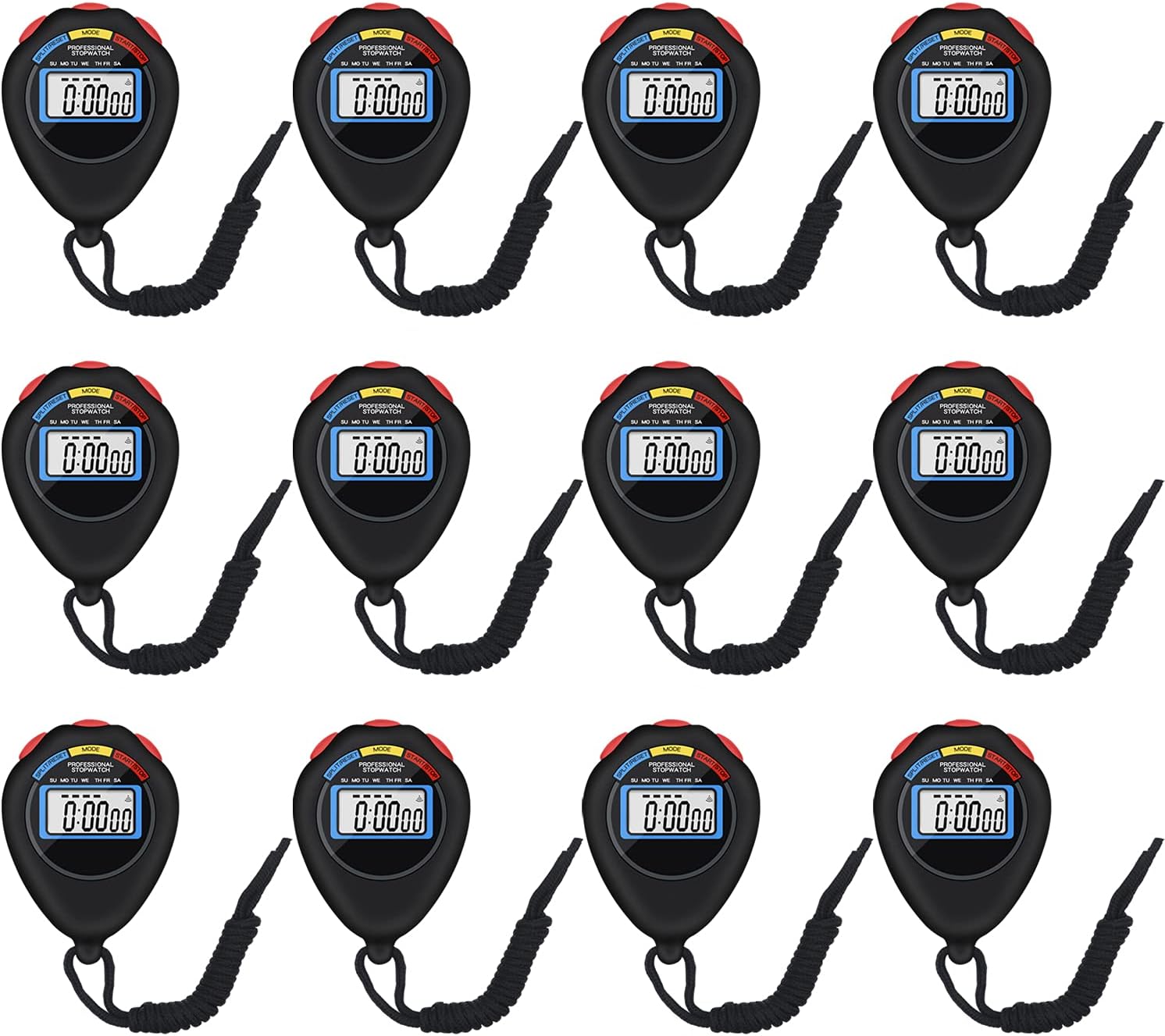 Pgzsy 12 Pack Multi-Function Electronic Digital Sport Stopwatch Timer, Large Display with Date Time and Alarm Function,Suitable for Sports Coaches Fitness Coaches and Referees