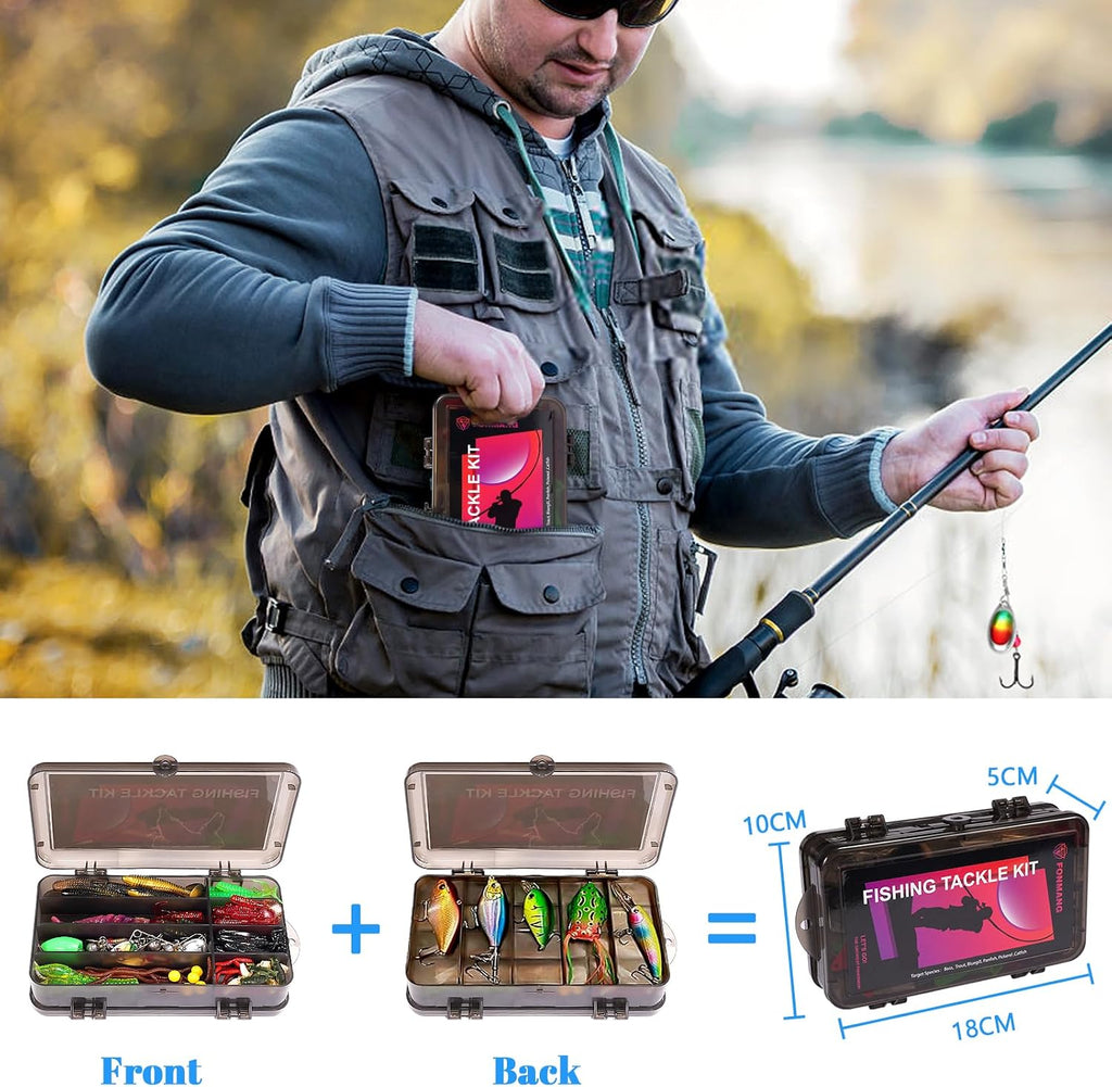 FONMANG Fishing Lures - Tackle Box with Tackle Included, Fishing Kit with VIBs, Frogs, Minnows, Soft Baits, Hooks & Weights Accessories, Freshwater Lure Kit for Bass Walleye Trout