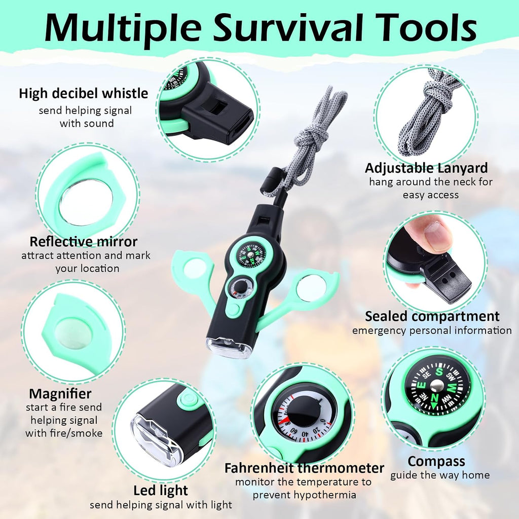 Arrowbash 12 Pack Emergency Survival Whistle 7-in-1 Compass Hiking Survival Safety Whistle with Lanyard Outdoor Multifunctional Tool Ideal for Hiking Camping Rescue Signaling