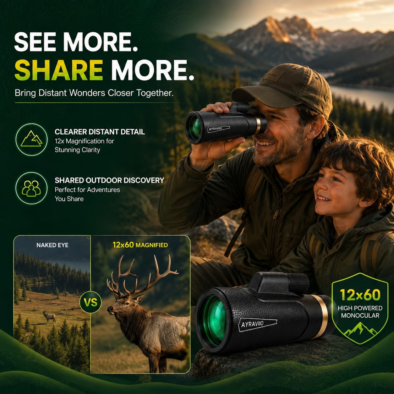 Birthday Gifts for Men Dad Husband Teen, 12x60 Monocular for Outdoor Hiking