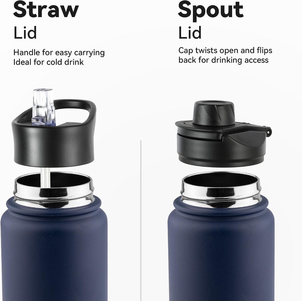 24oz Insulated Water Bottle with Straw Lid, Stainless Steel Metal Water Bottle with Straw & Wide Mouth Lid, Double Wall Vacuum Water Bottle for Hiking Camping, Navy 4 Pack