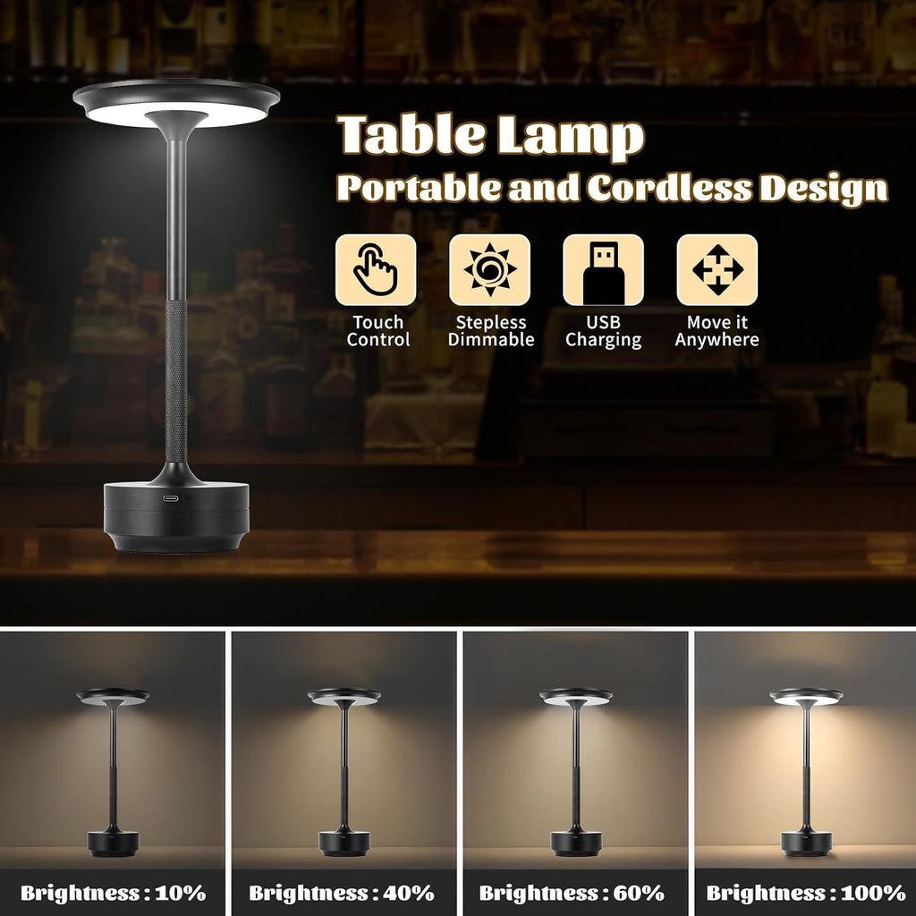 Rechargeable Cordless LED Table Lamps Touch Sensor Light, 3-Levels Portable Dimming Wireless Battery Operated Lamp，Nightstand Lamp/Night Light/Restaurant Table/Outdoor/Coffee/Bar (Black)
