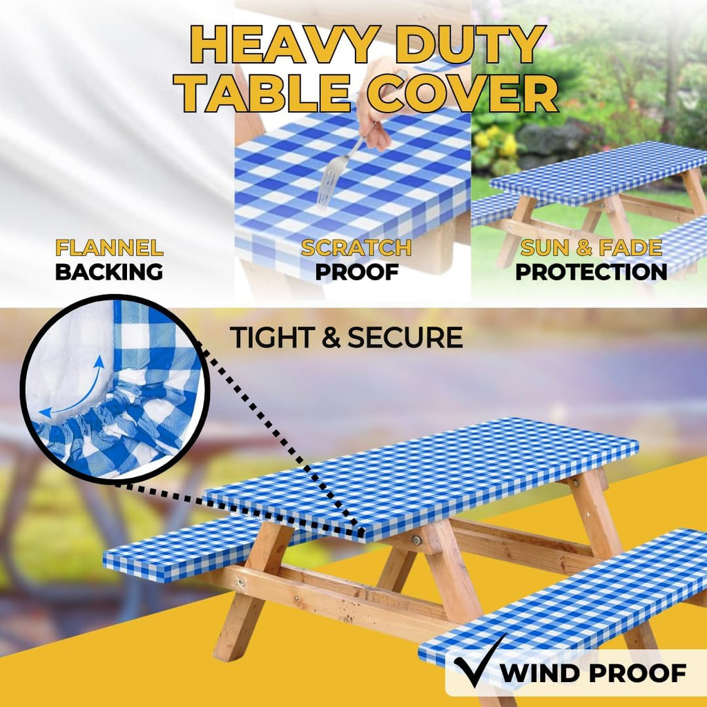 Vinyl Fitted Picnic Table Cover with Bench Covers & Blue 6ft Blue Checkered