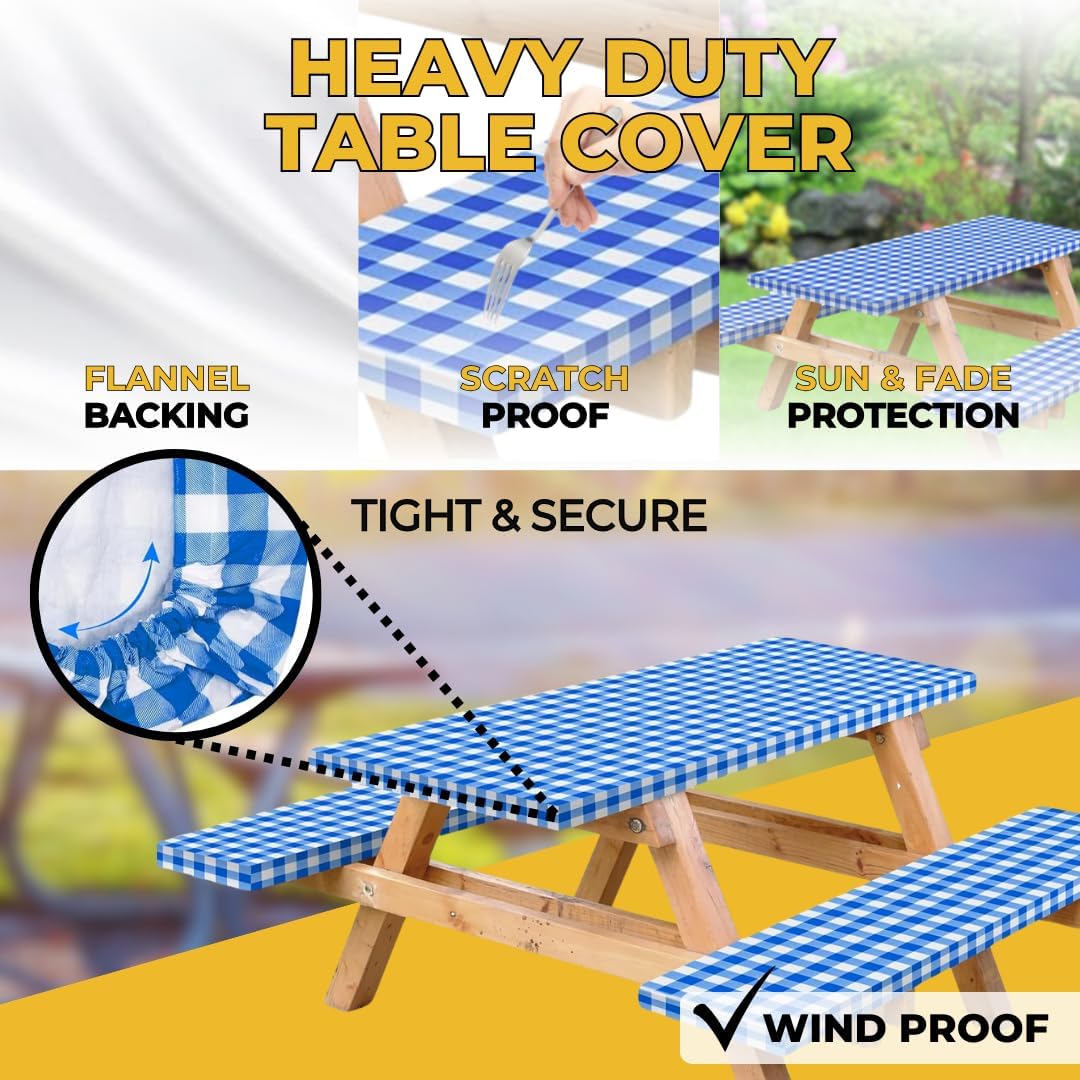 Vinyl Fitted Picnic Table Cover with Bench Covers & Blue 6ft Blue Checkered