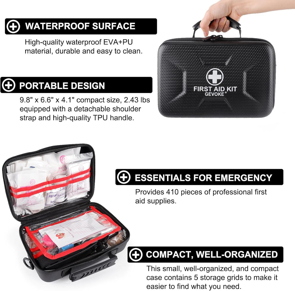 Gevoke 410 Piece Waterproof Hard Shell First Aid Kit, Black