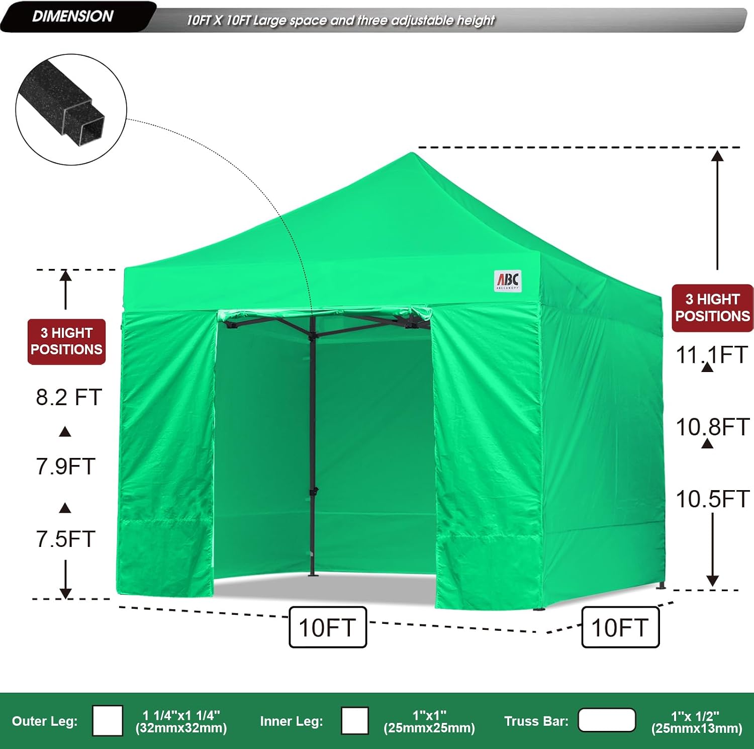 ABCCANOPY Heavy Duty Easy Pop up Canopy Tent with Sidewalls 10x10, Kelly Green