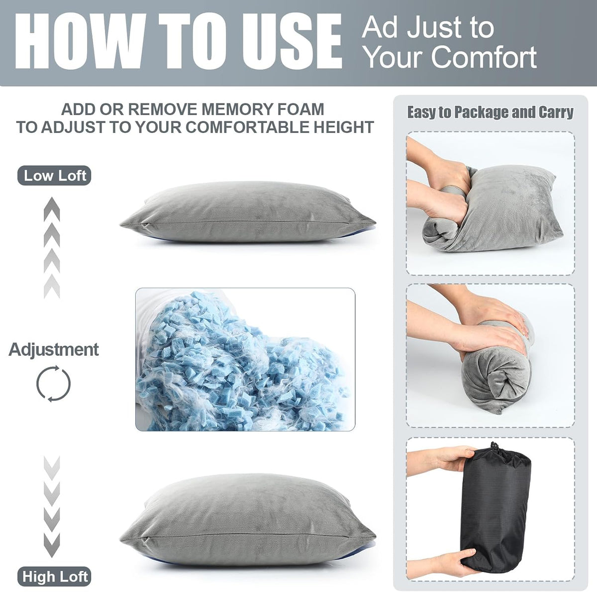 SmoothNovelty 2 Pack Camping Pillow for Sleeping Shredded Memory Foam Travel Pillow with Storage Bag, Compressible Portable Pillow for Outdoor Camp Backpacking Hiking Essential Gear (Grey,Small)