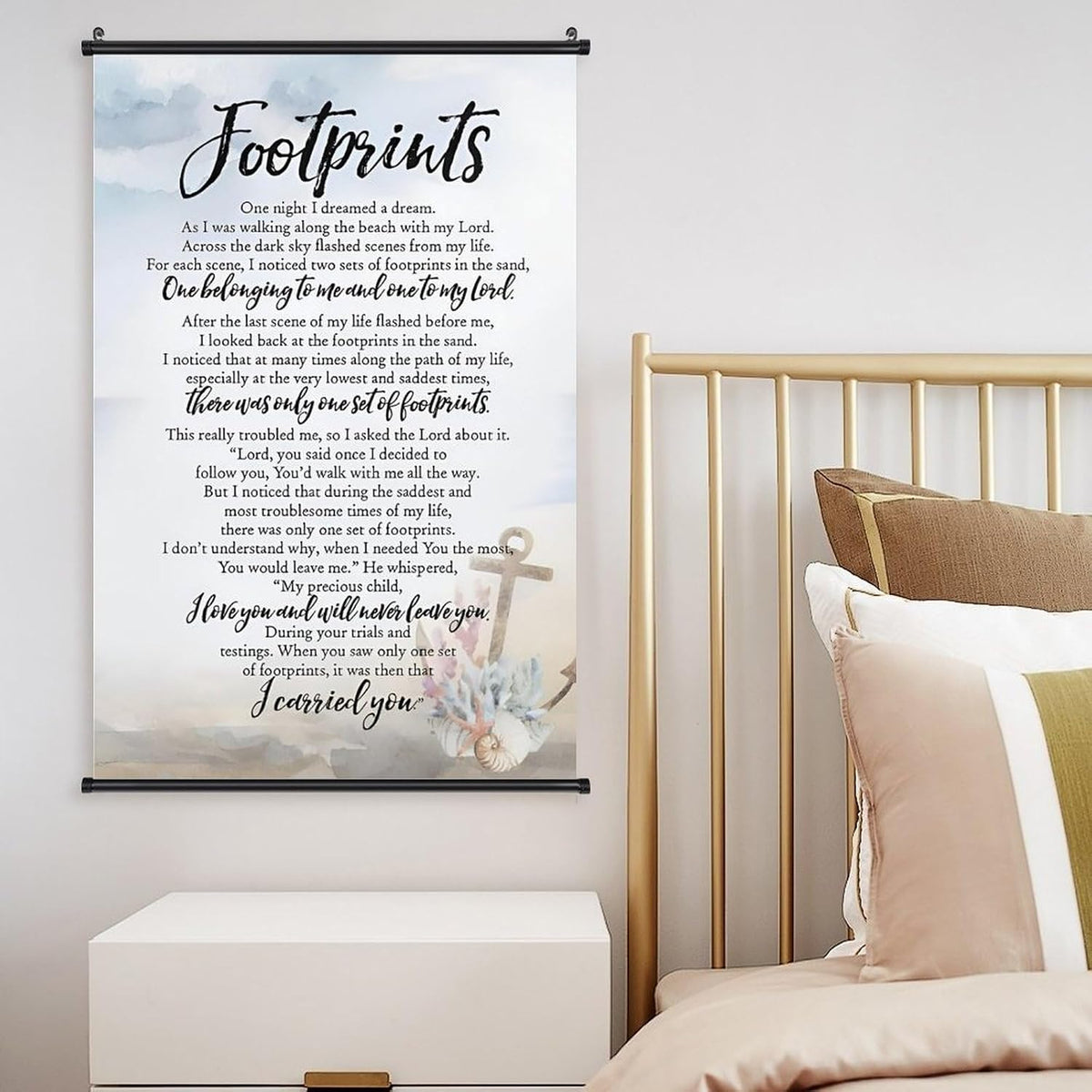 Footprints in the Sand Religious Canvas Wall Art Posters, Inspirational Beach Sunset Poem Print Poster (Black Axis 20x30inch, Footprints(6))