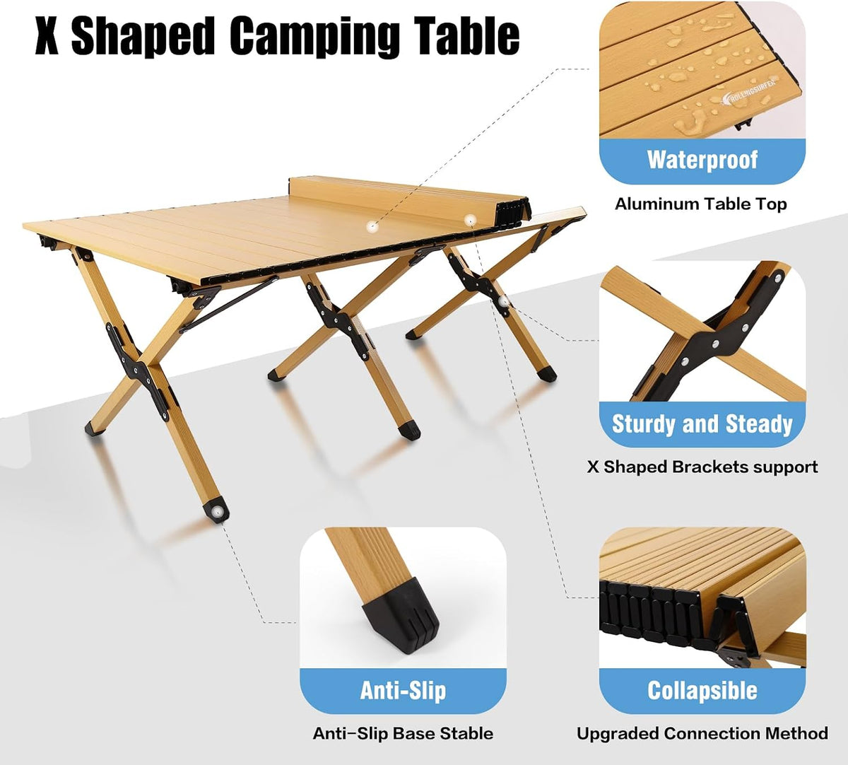 rollingsurfer Folding Camping Table, Lightweight Roll-Up Table Aluminum Low Portable Picnic Table with Carrying Bag for Outdoor, Beach, Picnic, Backyards, BBQ and Party, 45.2''D x 23.6''W x 17.3''H