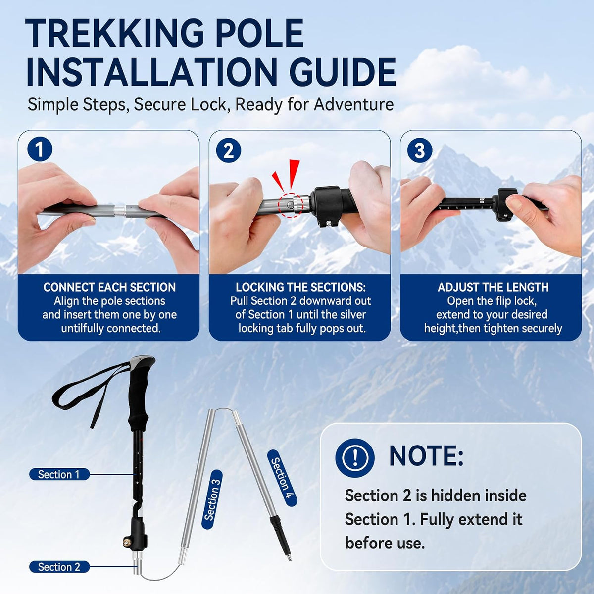 Collapsible Hiking Poles, Lightweight Walking Stick for Trekking
