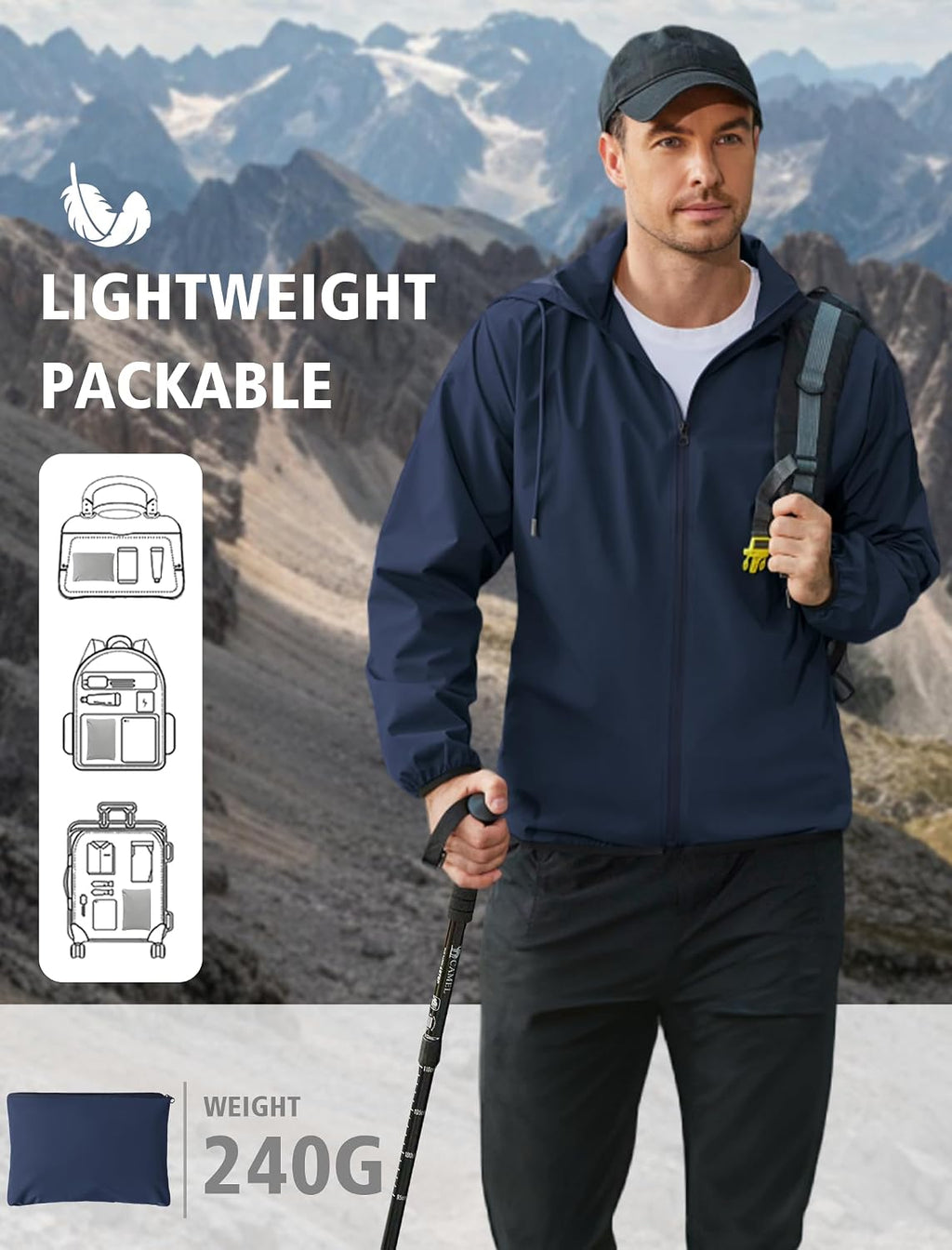 COOFANDY Men's Light Rain Jacket Packable Waterproof Raincoat Windbreaker