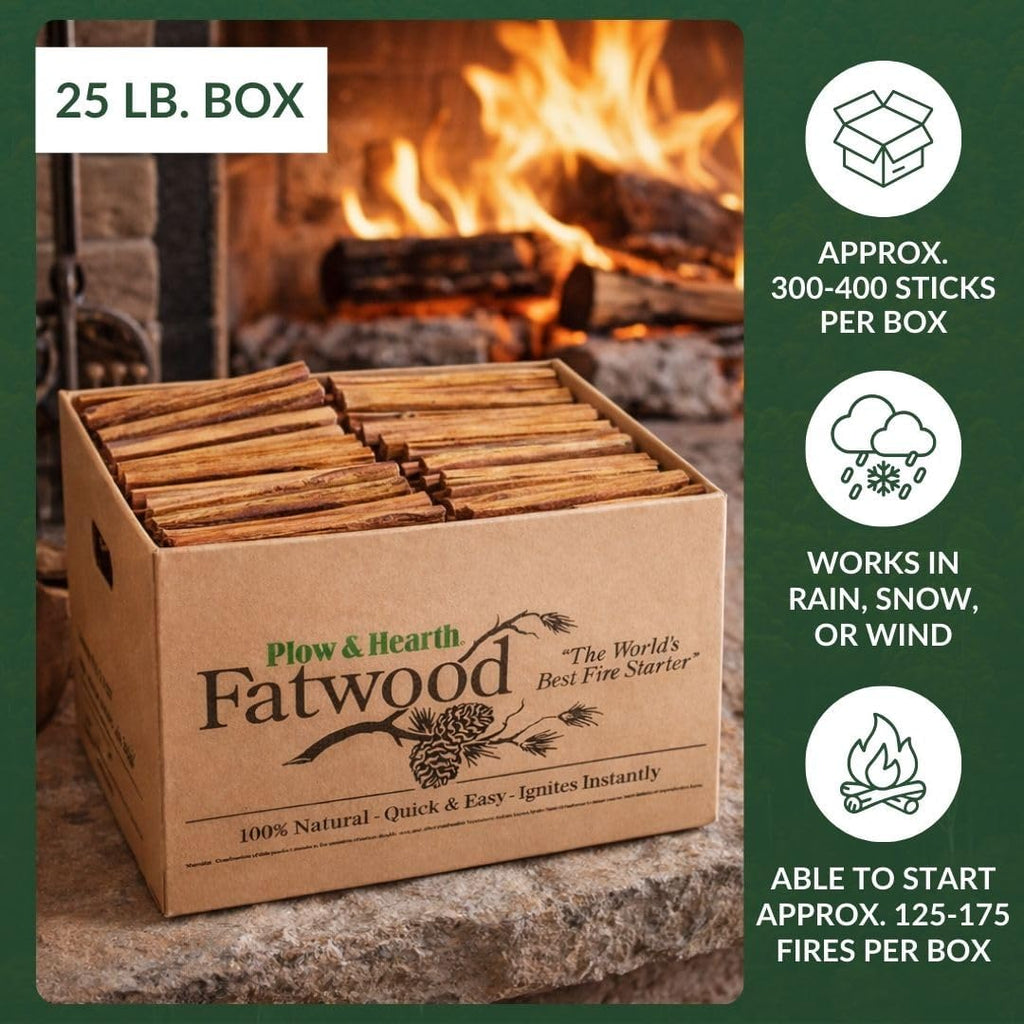 Plow & Hearth 25 LBS Fatwood Fire Starter Sticks Organic Kindling, Easy Ignition Fat Wood, All Natural Firestarters for Fire Pit, Wood Stoves, Fireplaces, Campfires, Bonfires, BBQ