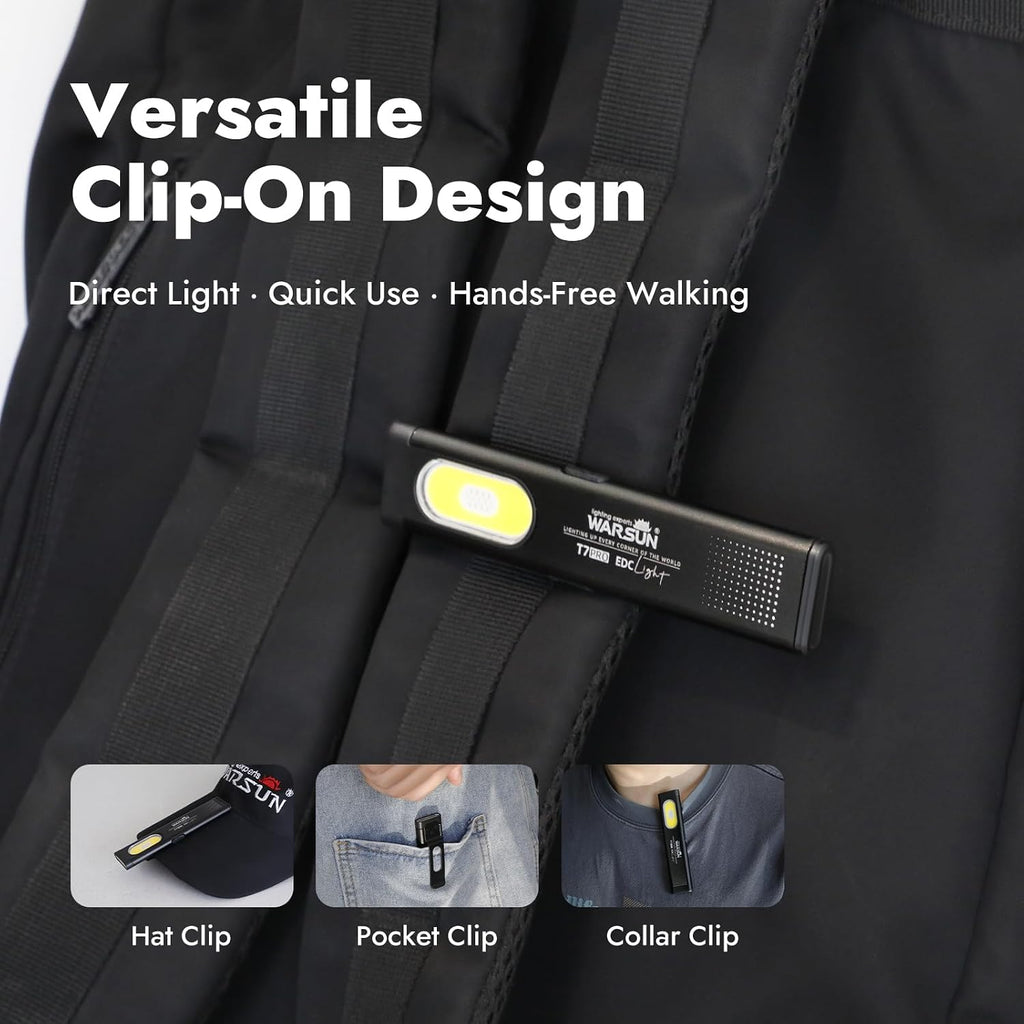 WARSUN T7 Rechargeable EDC Flashlight, Slim Pocket Flashlight with Clip & Magnetic Base, Portable LED Light for Everyday Carry, Night Walking, Car Repair & Emergency