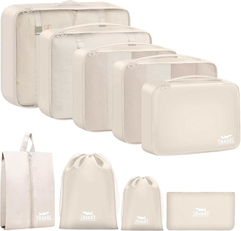 9 Set Packing Cubes for Travel Essentials - Lightweight Carry-On Luggage Organizer Bags with Shoe, Clothes & Laundry Bags for Airplane, Family & Business Travel, Beige