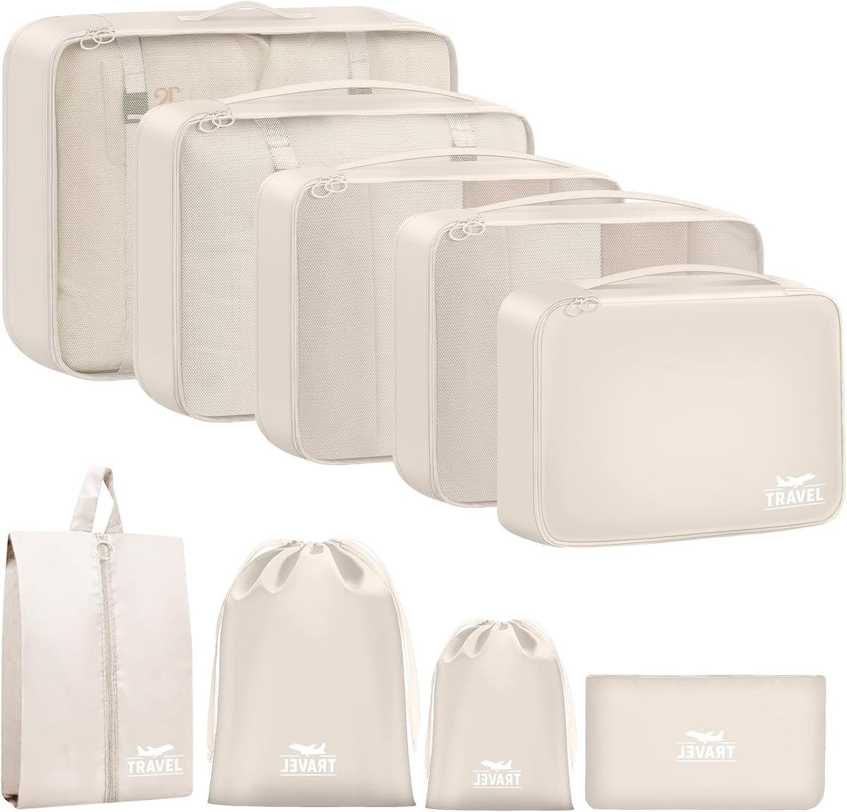 9 Set Packing Cubes for Travel Essentials - Lightweight Carry-On Luggage Organizer Bags with Shoe, Clothes & Laundry Bags for Airplane, Family & Business Travel, Beige