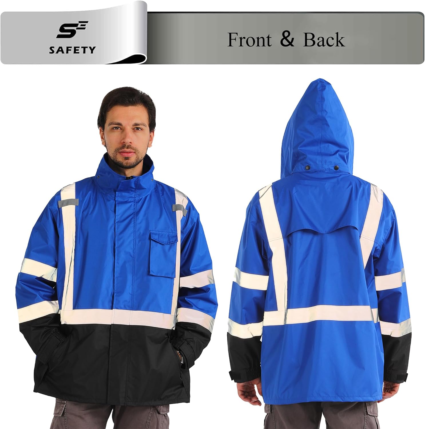 sesafety Hi Vis Rain Jacket, Rain Suits for Men Waterproof withBlack Bottom