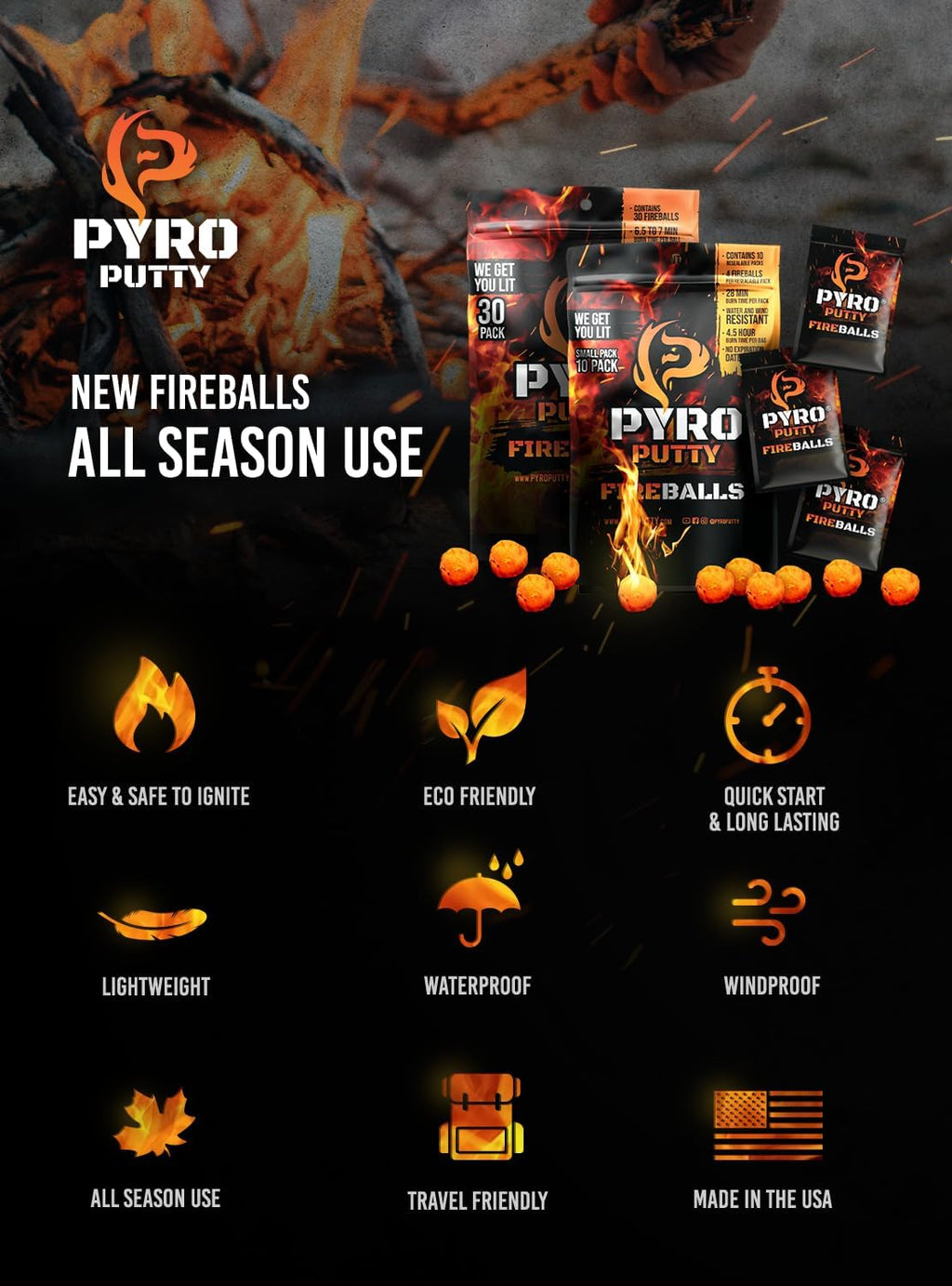Pyro Putty Fire Balls: Fire Plugs Fire Starter with 7 Minute Burn Time, Waterproof, Weatherproof Emergency Kit Survival Gear Essential - 30 Pack