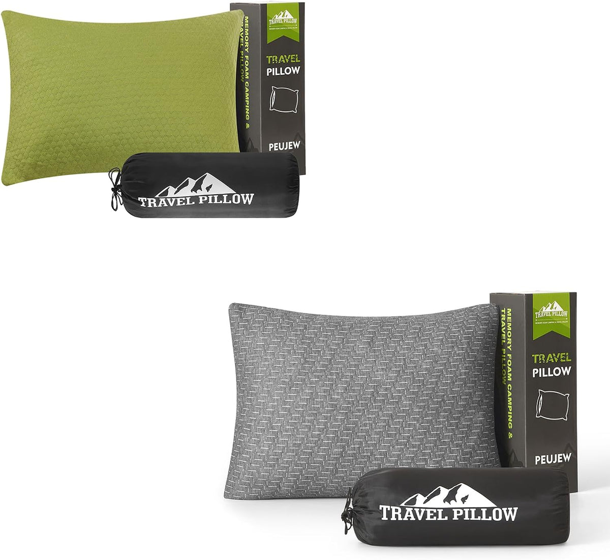Travel Pillow Compressible Camping Memory Foam Pillow - Dark Grey M Size, Avocado Green S Size, Ideal Backpacking, Airplane and Car