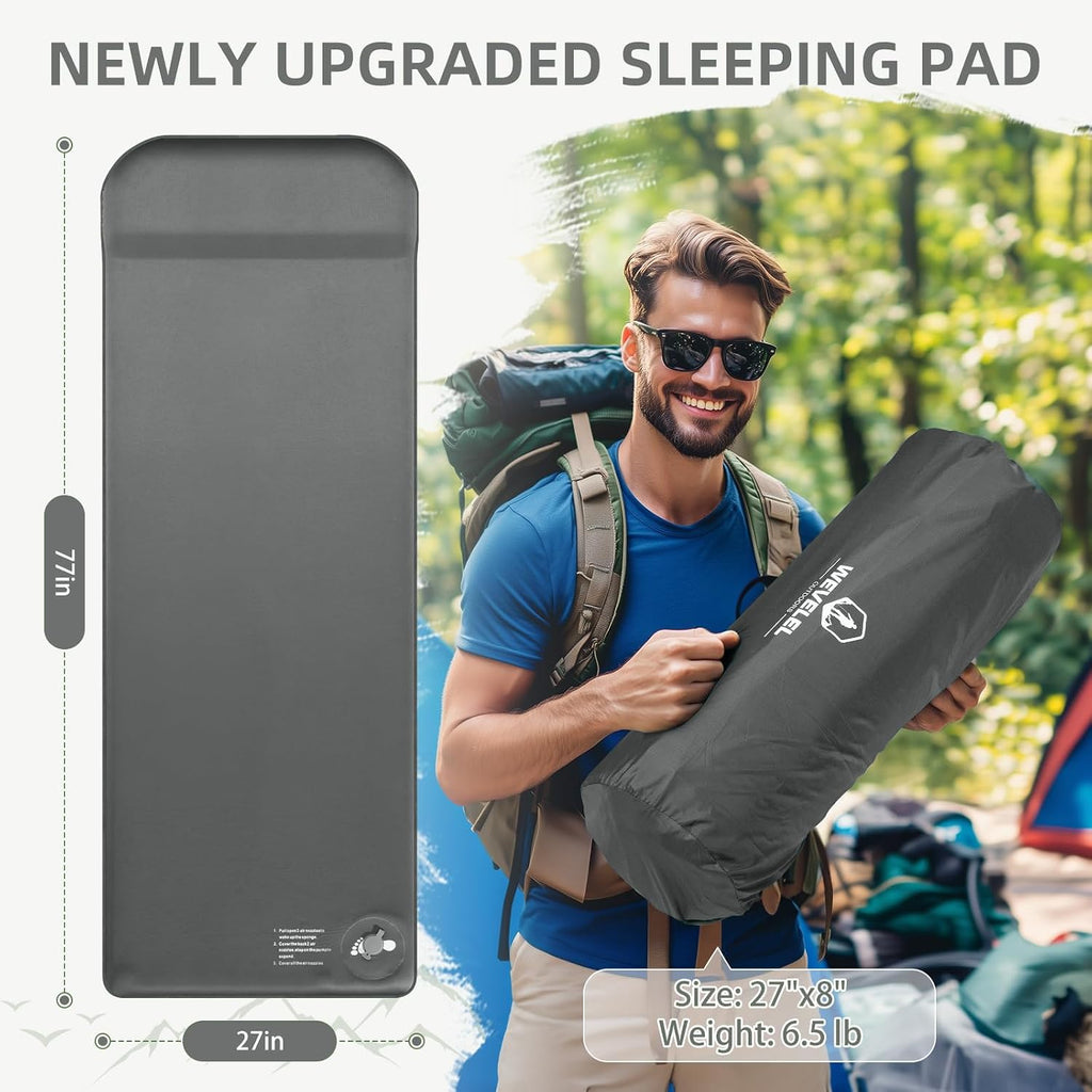 Wevelel Memory Sleeping Pad, 3.1" Ultra-Thick Foam Sleeping Mats for Camping, Easy Inflate&Deflate,9.5 R-Value Insulated Camping Mattress Pad with Pillow, for Car Travel Tent