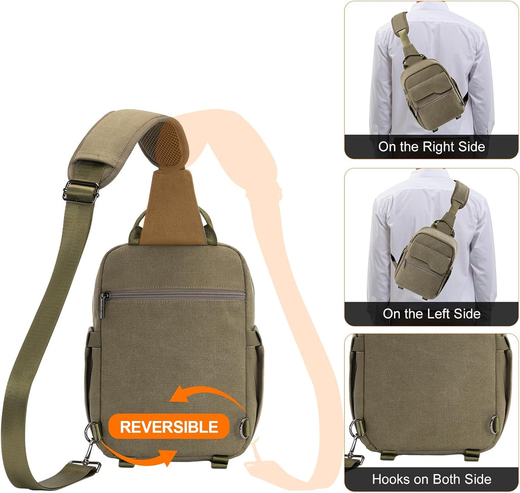 Cwatcun Large Canvas Sling Bag, Crossbody Chest Bag with Tripod Holder