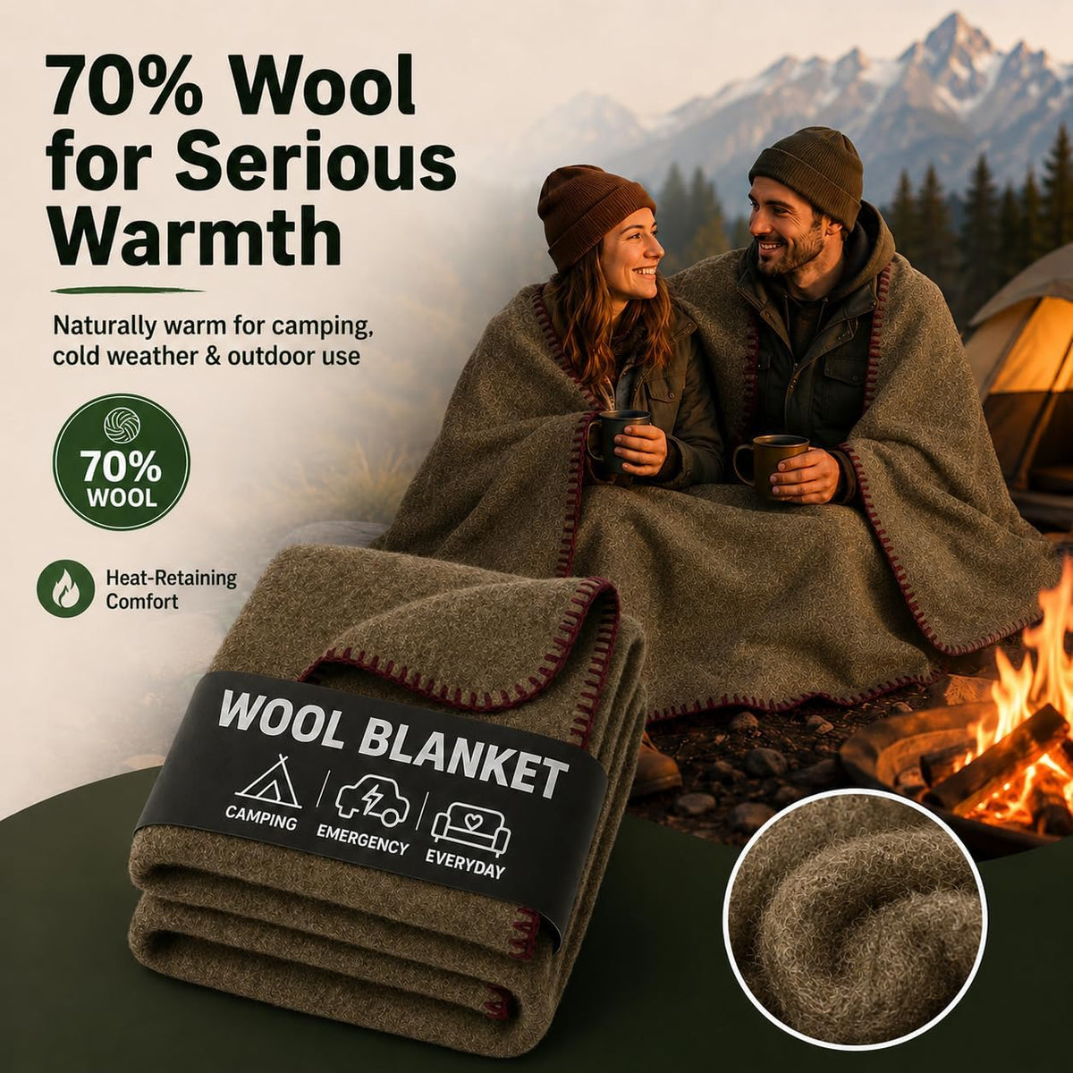 JMR Wool Camping Blanket, Fire Retardant Military Throw, Olive (62x84)