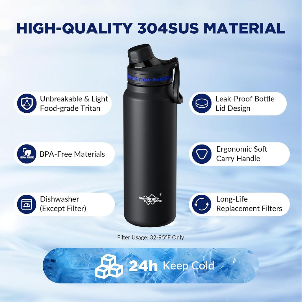 Membrane Solutions C3 Filtered Water Bottle, 32oz Stainless Steel Water Bottle with Replaceable UF+ACF Filter Cartridge, Portable Water Filter, Travel, Hiking & Camping for Drinking Water