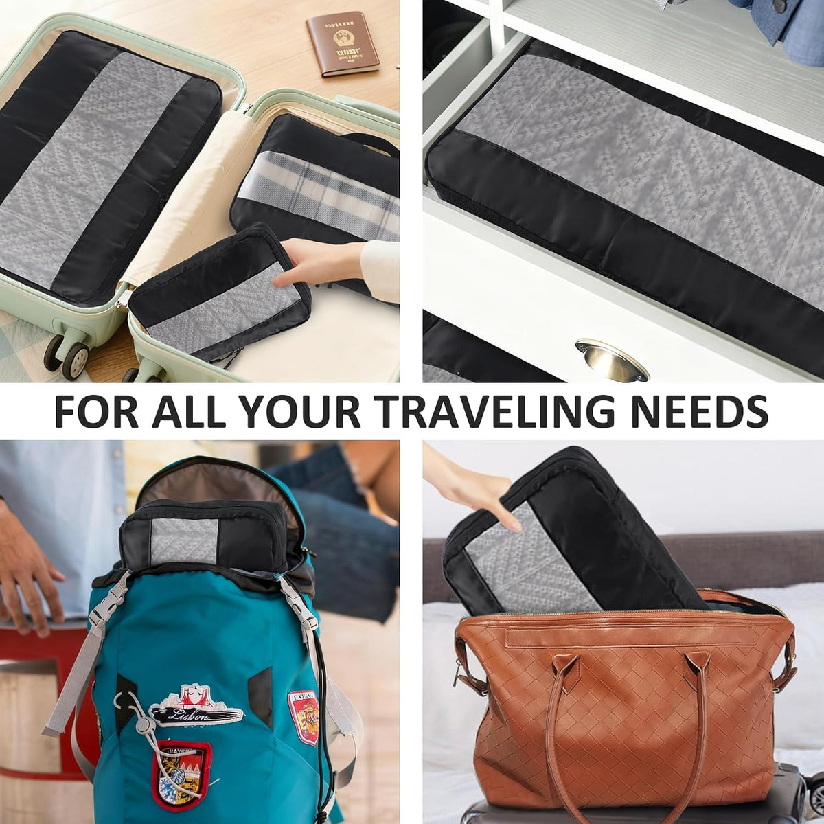 U+U 5 Set Packing Cubes, Travel Organizers with Shoe Bag (Black)