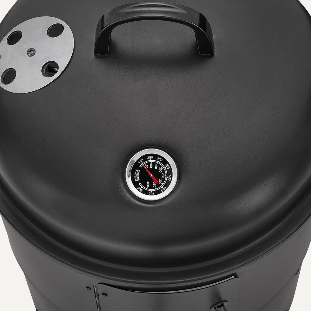 Amazon Basics 16 inch Vertical Charcoal Outdoor Smoker, BBQ Grill, with Built-in Thermometer, 2-Layer Design, Adjustable Air Supply Control, Black
