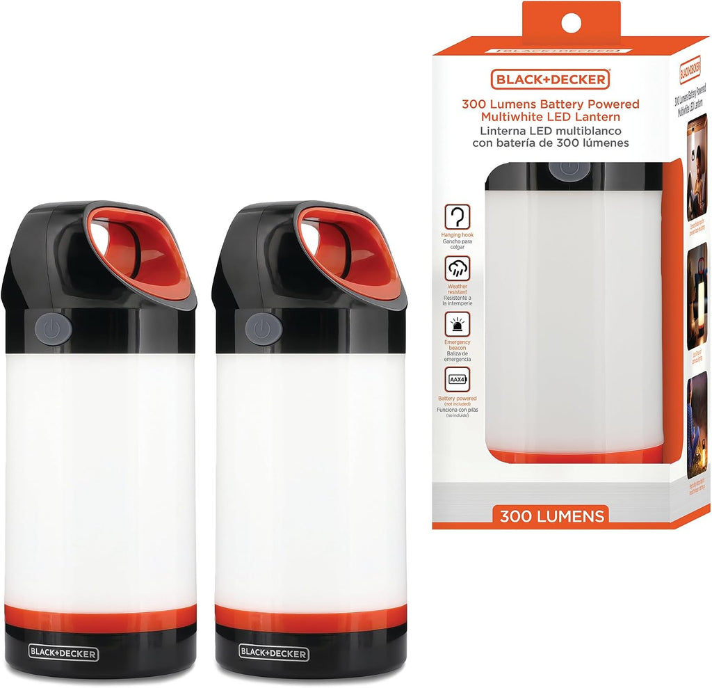 BLACK+DECKER LED Lantern 2-Pack, 300 Lumens 360° Flashlight for Camping with SOS Mode, 12 Hours AA Battery Powered, Multiwhite, Hook, 5 Modes, IP65 Waterproof Camping Essentials Tent Light, Blackouts