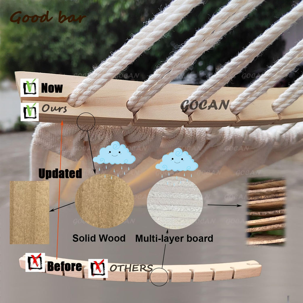 GOCAN Double Hammock 2 Person Large 220x150cm with Steel Stand and Removable Spreader bar Load 500lb, Canvas Cotton Hammocks for Patio Porch Garden Backyard Outdoor and Indoor