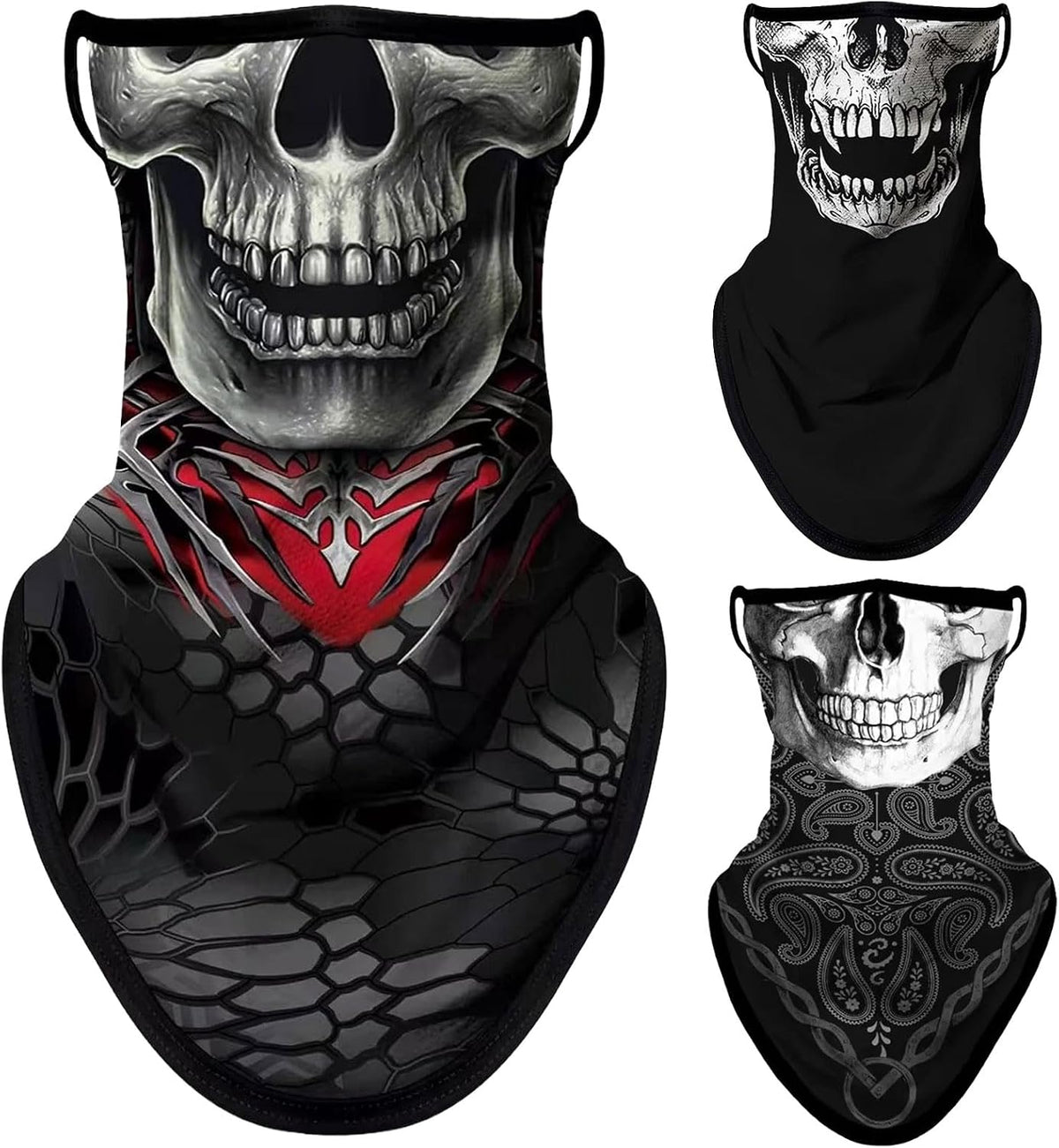 Non-Slip Ear Hanging Neck Gaiter, Multi-Use Windproof Face Neck Scarf, Skull Face Cover for Outdoor Sports 3PCS