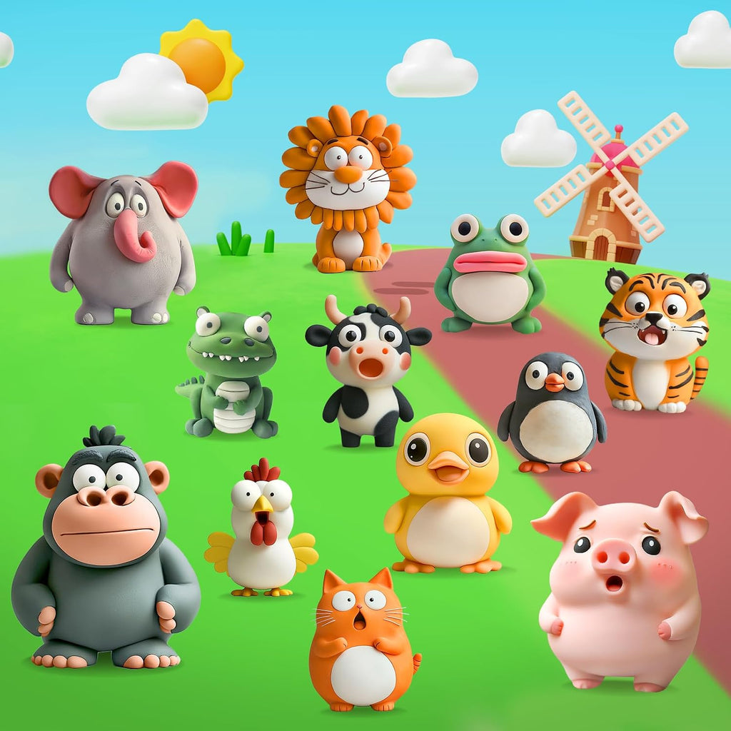 Kasfalci Air Dry Clay Kit for Kids, 12 Animals Modeling Magic Clay Sculpting Set, DIY Party Favors Arts & Crafts for Kids Ages 4-6-8-12, Ultra Light & Soft, Safe & Non-Stick with Tools & Tutorials