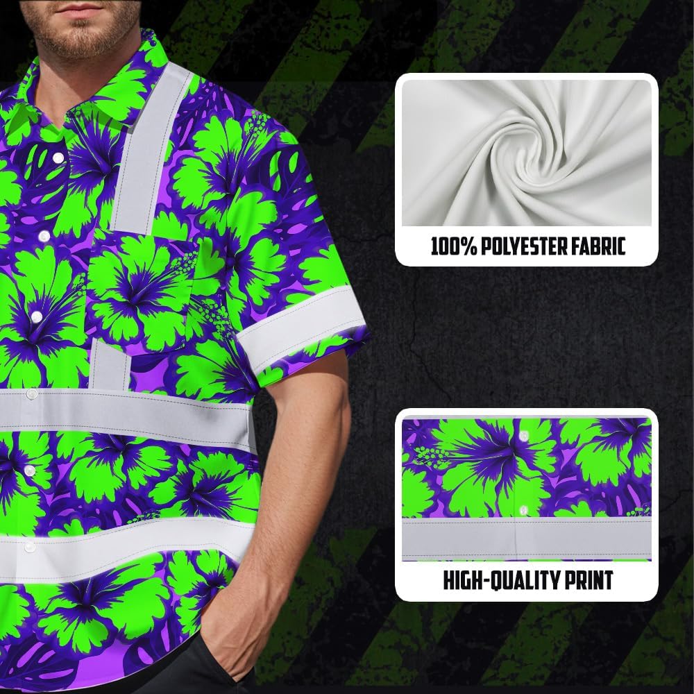 High Visibility Hawaiian Shirt for Men Tropical Shirts Custom Name Floral Outfit Reflective Safety Workwear
