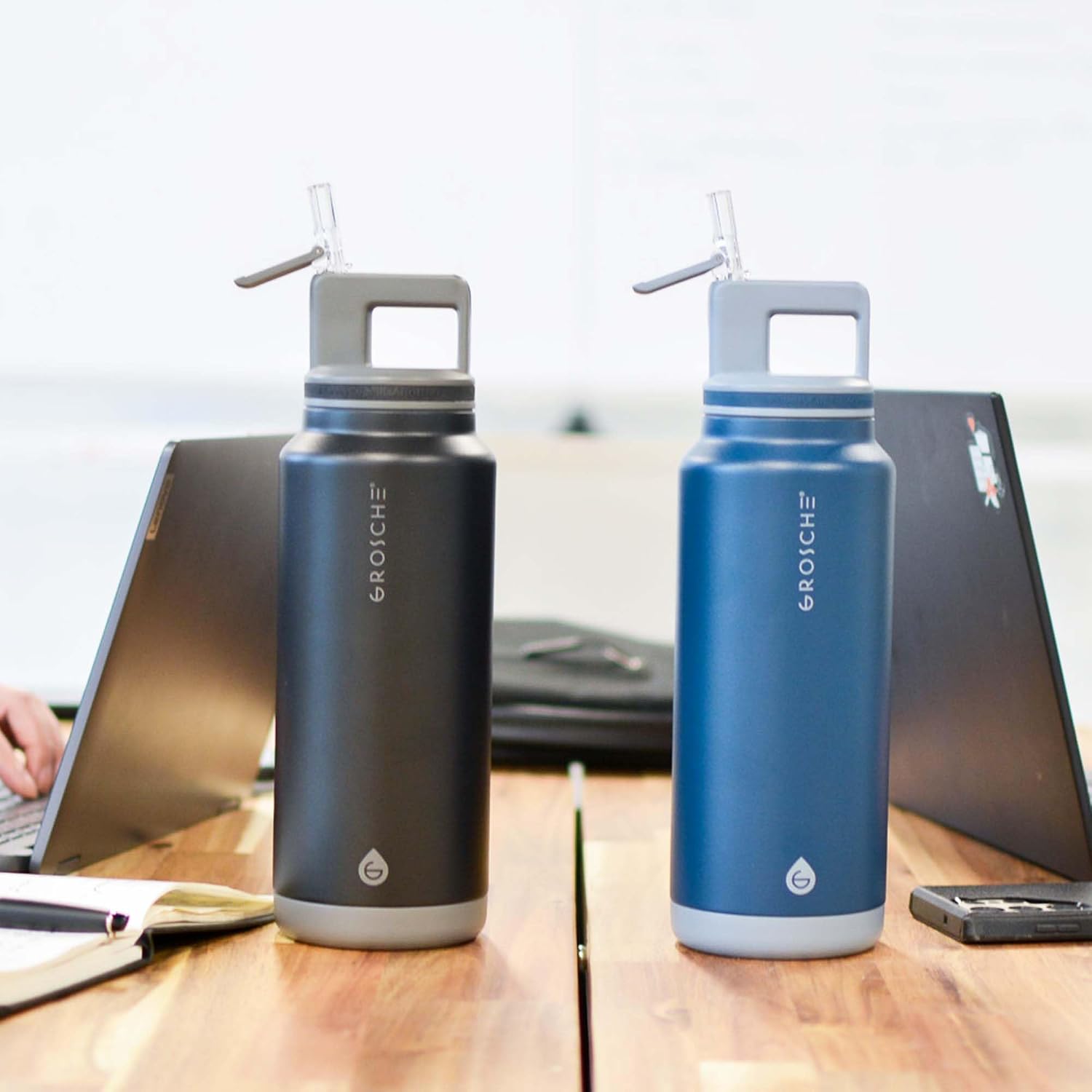 GROSCHE Alpine Flip N Sip Insulated Bottle Straw Lid, Graphite Black, 40 oz