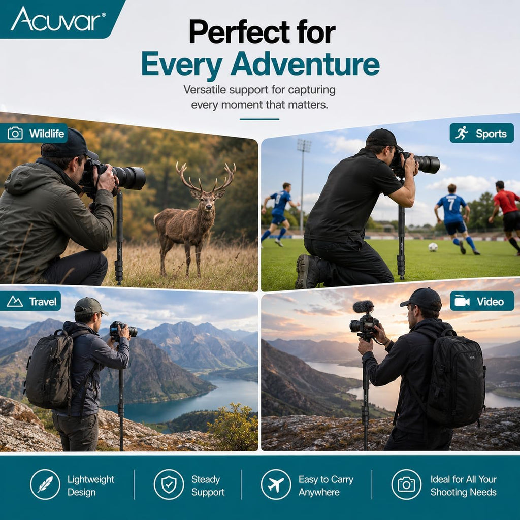 Acuvar 62 Inch Photography Monopod with Safety Strap – Lightweight Aluminum Camera Monopod for Travel & Outdoor Shooting