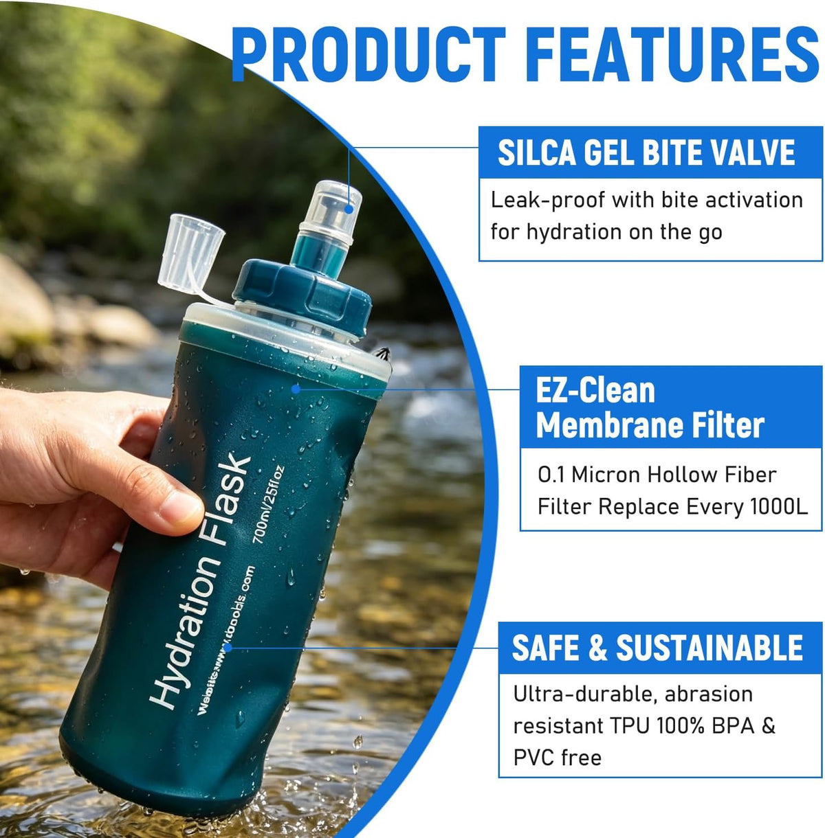 700ml Collapsible Water Bottle with Filter for Hiking Backpacking(Green)