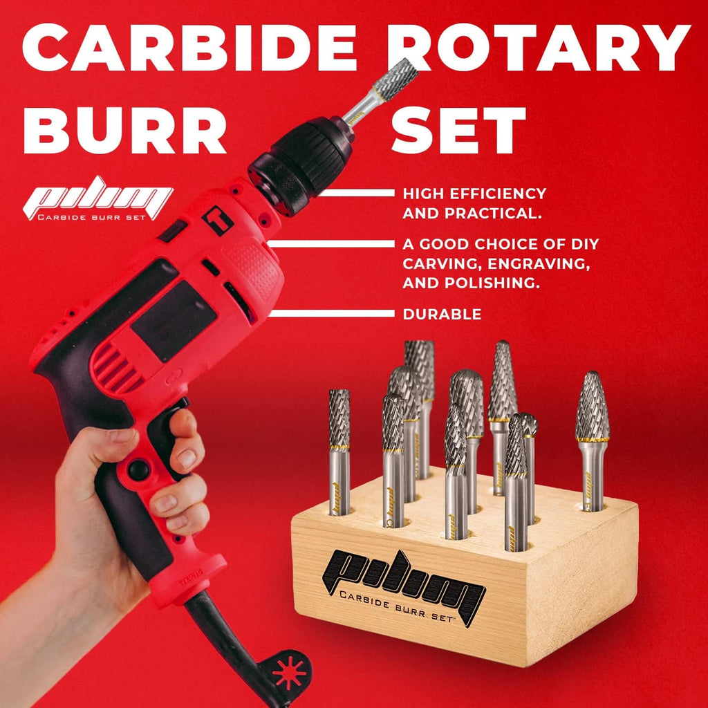 Tungsten Carbide Burr Set 1/4" Shank 10PC Double Cut Rotary Cutting Burrs Die Grinder Bits for Steel and Wood Working, Grinding, Carving, and Engraving