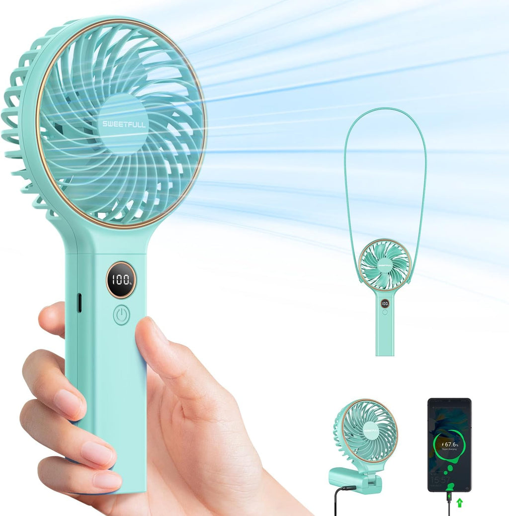 SWEETFULL Handheld Fan, Portable Fan, 5000mAh Rechargeable Battery, 6 Speed Wind, LED Display, Personal Mini Travel Fan with Backup Power, Hand Held Fan USB Foldable Electric Fan for Women Girl
