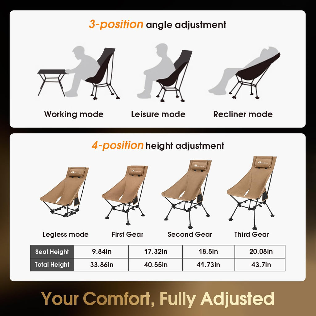 MOON LENCE High Back Folding Camping Chairs, Height-Adjustable, Widened Seat, for Beach with Anti-Sinking Feet (Khaki)