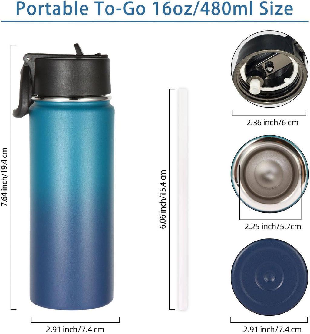 Volhoply 16 OZ Kids Water Bottle Bulk 8 Pack,Insulated Sports Bottles with Straw Lid,Stainless Steel Bottle with Handle Keep Cold & Hot,Double Wall Vacuum Tumbler Cups for School(Dark Night, 8)