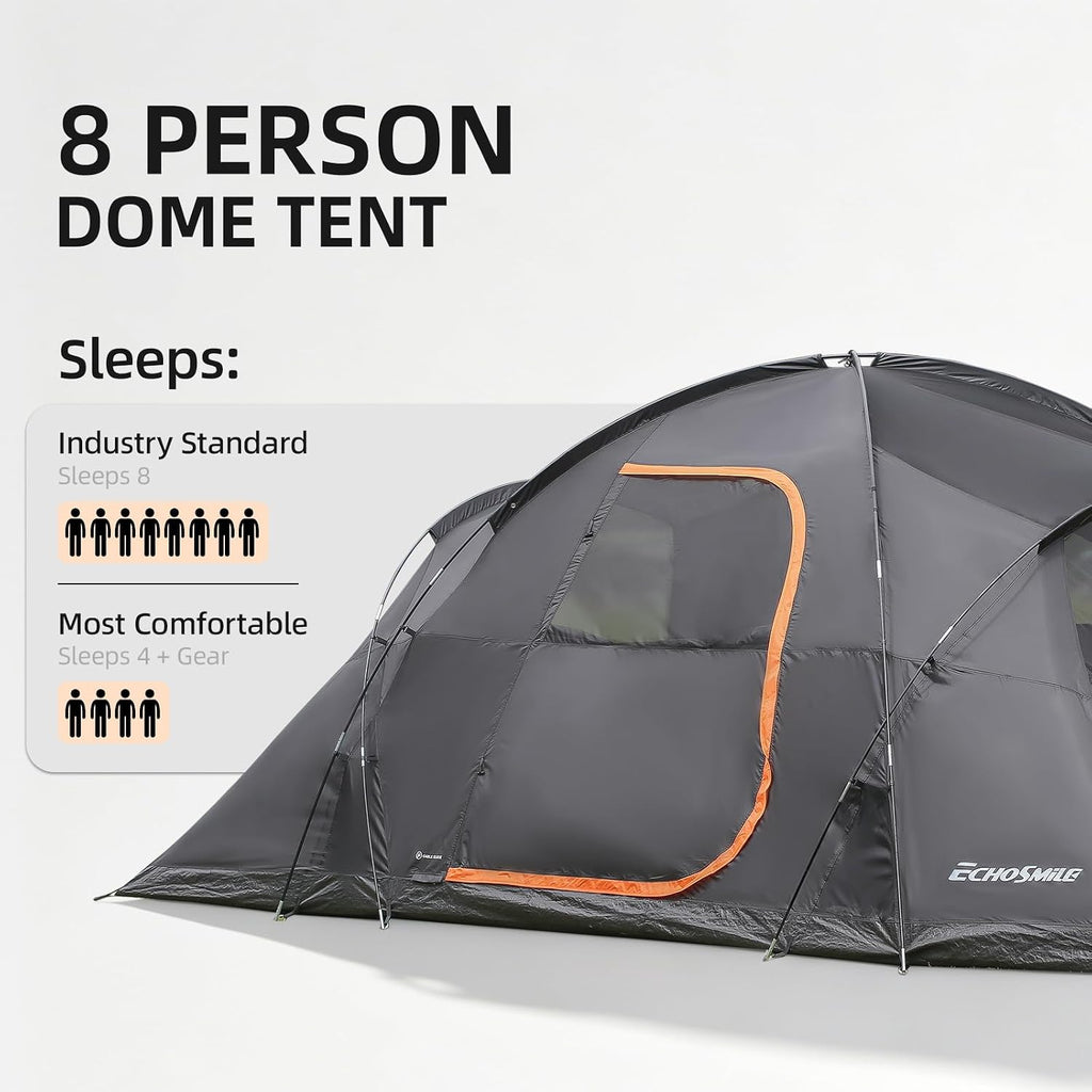 EchoSmile 8 Person Large Family Camping Tent, Waterproof Windproof Spacious Cabin Tent with Removable Rainfly, Easy Setup 3-Season Outdoor Shelter for Group