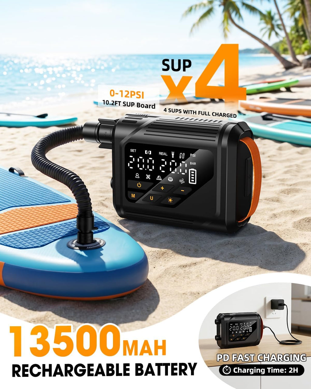 Electric Paddle Board Pump, Rechargeable SUP Pump with 12V Car Power, Auto-Off to 20 PSI, Dual-Stage Portable Air Pump with Deflate, 7 Nozzles for Paddle Boards, Kayaks & Inflatables