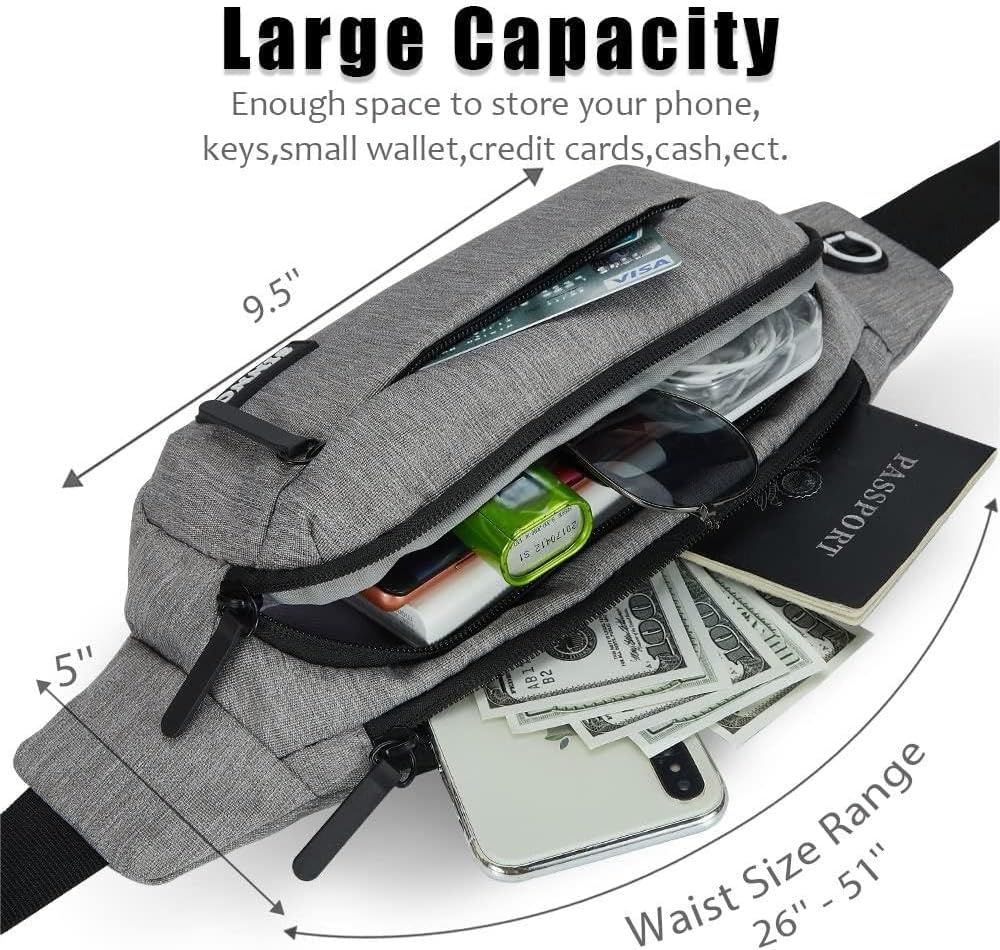 SINNO Large Crossbody Fanny Pack for Women Men Belt Bag With 4-Zipper Pockets for Travel Running Hiking Workout Dog Walking Outdoors Sport Fishing Waist Pack Bag Carrying All Phones