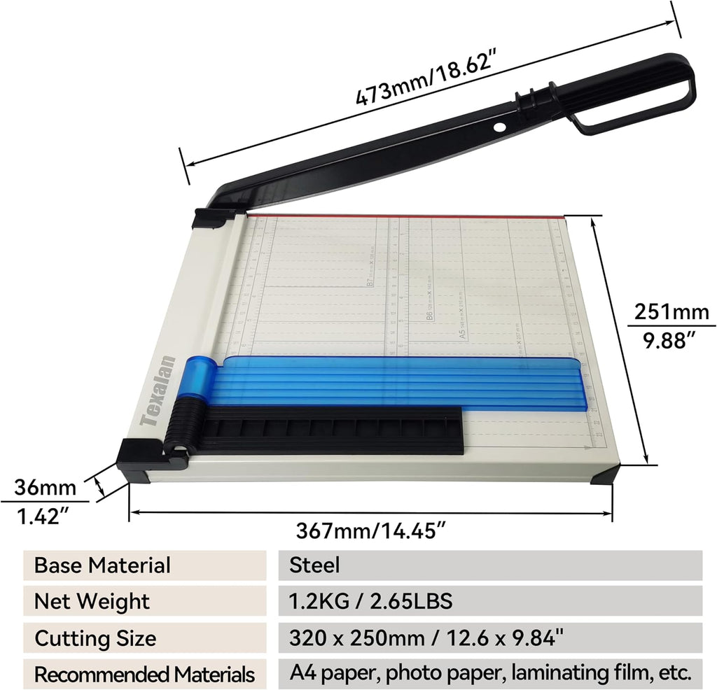 TEXALAN(R) Paper Cutter Letter Size Paper Trimmer 12” Cut Length 12 Sheet Capacity Guillotine Paper Photo Cutter with Magnet Clamp, Paper Guide, Size Guideline