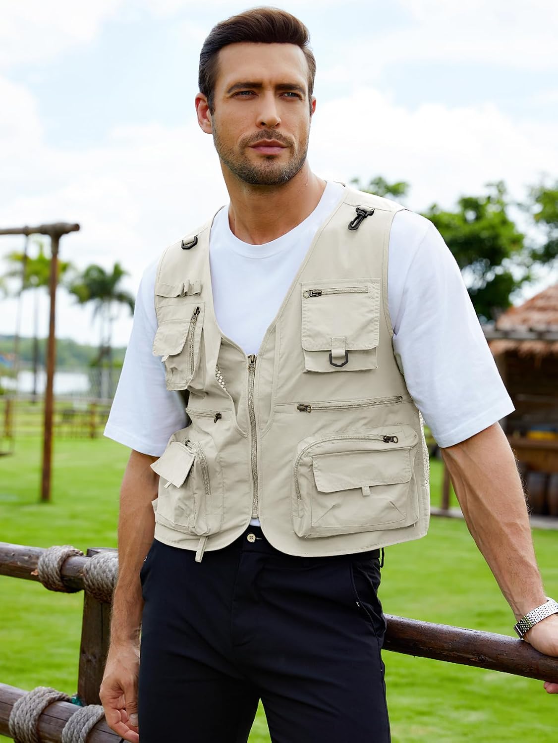 Gihuo Mens Fishing Vest Lightweight Utility Vests Cargo Outdoor Safari Travel Vest with Pockets