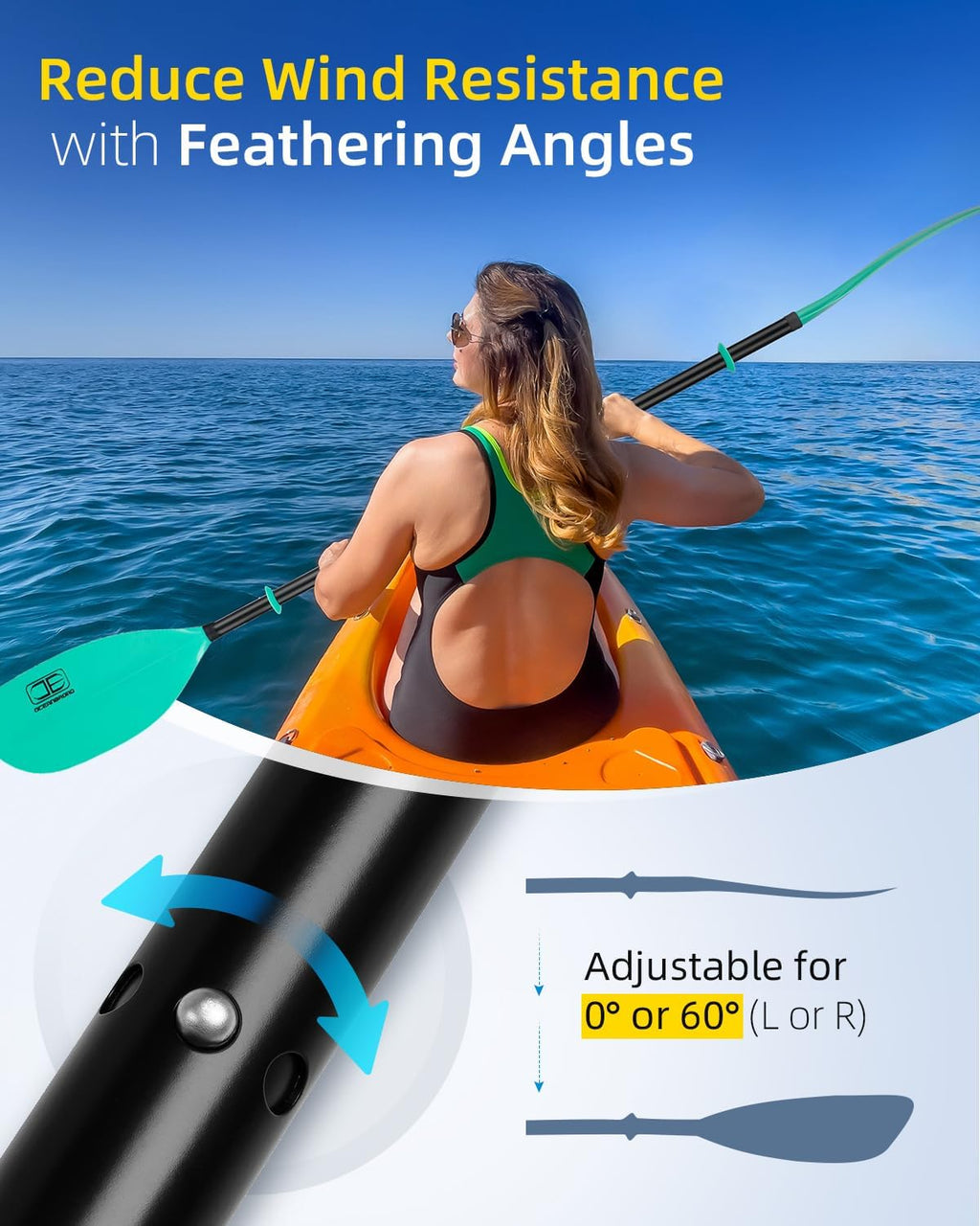 OCEANBROAD Kayak Paddle 86in/218cm, 90.5in/230cm Alloy Shaft 2-Piece Floatable Kayak Oar for Kayaking Canoeing Boating