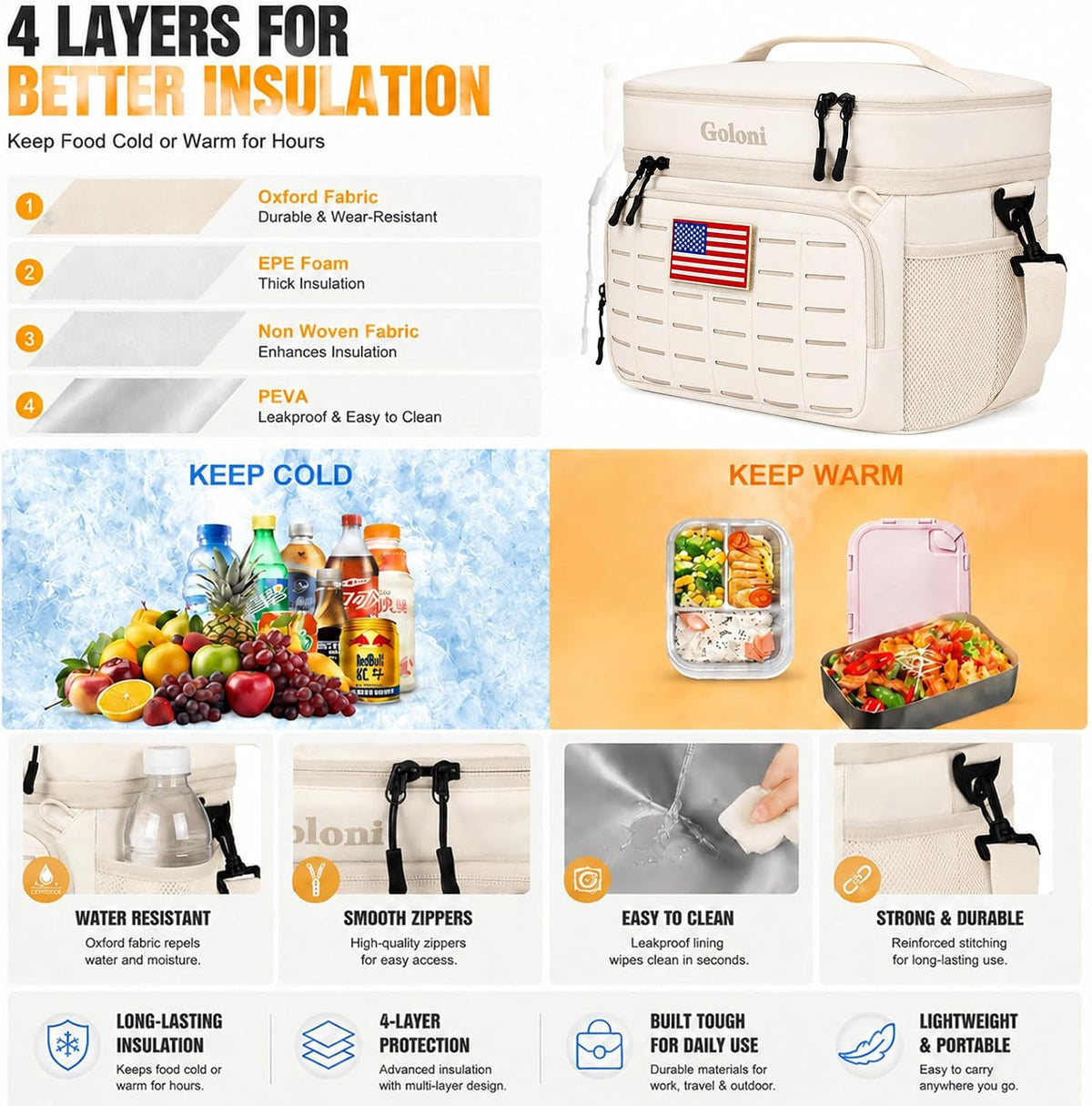 Goloni Lunch Box for Men & Women, Small Cooler Soft Thermal Leakproof Bag with Shoulder Strap, Multi-Pockets for Picnic, Beach, Camping